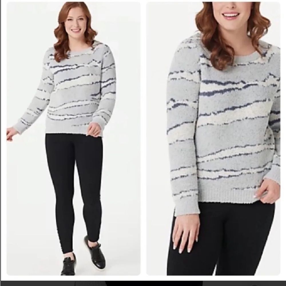 Barefoot Dreams CozyChic Seaside Crew-Neck Pullover Sweater Ocean Zebra